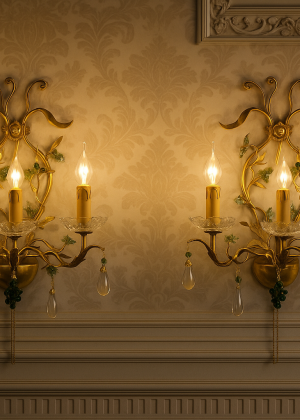 Винтажные муранские бра “Vite Verde”, Италия, ≈ 1955 г.
Gilt Brass · Murano Opaline · Crystal Bobeche