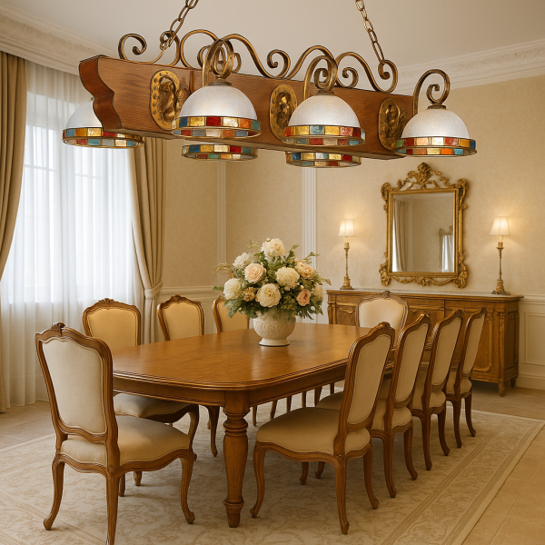 Подвесная люстра Longobard “Navata”
Wrought Brass · Solid Walnut · Multicolour Hammered Glass · Italy, 1970‑е — изображение 3