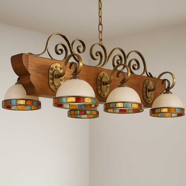 Подвесная люстра Longobard “Navata”
Wrought Brass · Solid Walnut · Multicolour Hammered Glass · Italy, 1970‑е — изображение 5