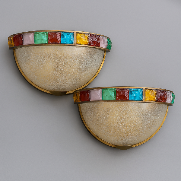 Пара бра Longobard,
Золотая полусфера с мозаикой из цветного Hammered Glass Mosaic, Verona, Italy 1970‑е годы — изображение 10
