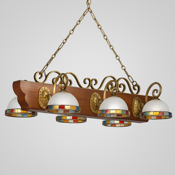Подвесная люстра Longobard “Navata”
Wrought Brass · Solid Walnut · Multicolour Hammered Glass · Italy, 1970‑е — изображение 2